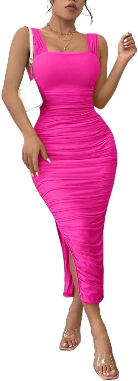 Женское длинное платье-комбинация на бретелях с разрезом, Hot Pink