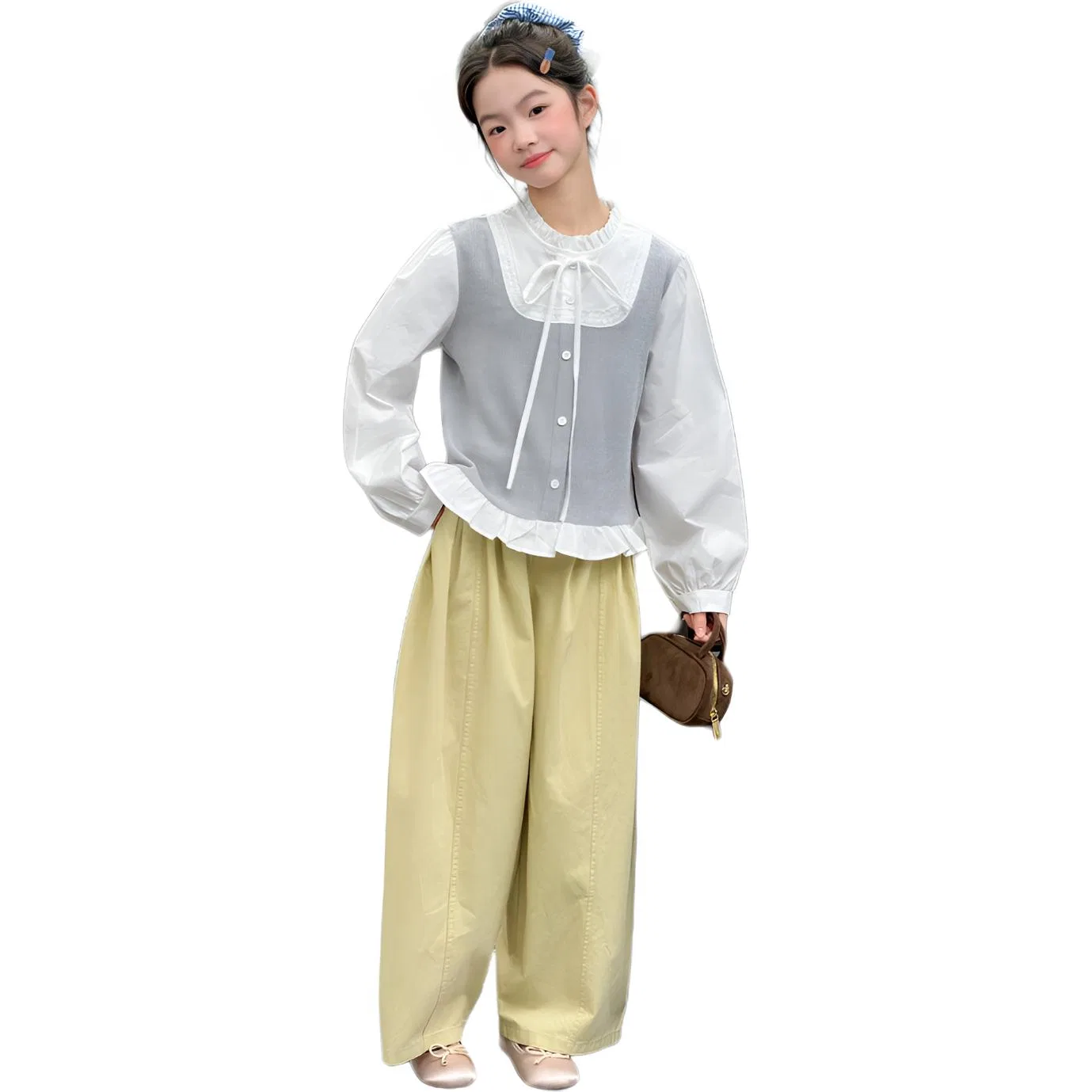 Детский комплект из футболки и утепленных брюк MADALLO, Pink Patchwork Shirt & Beige Gray Washed Insulated Pants — фото 3
