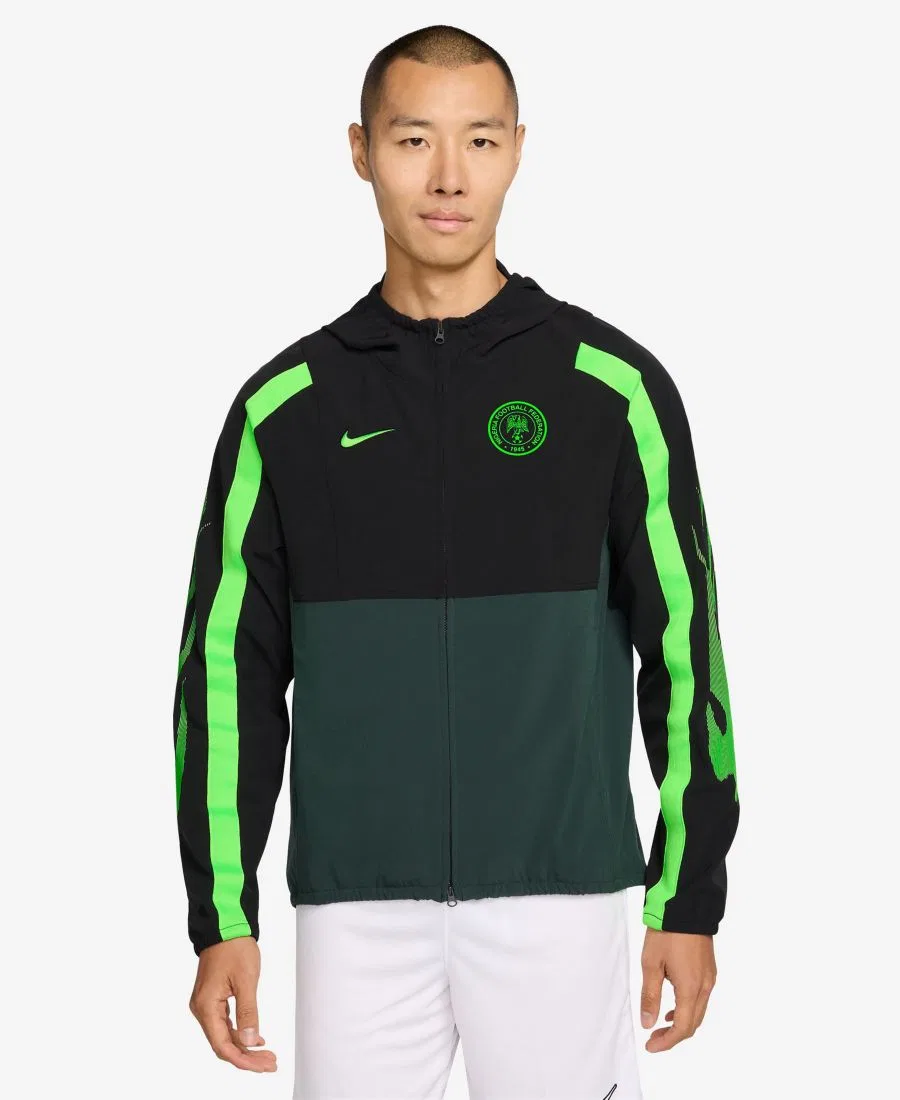 Куртка ветровка Nike, с длинным рукавом, модель Nigeria Energy Soccer Dri-FIT Woven Jacket, Black Pro Green