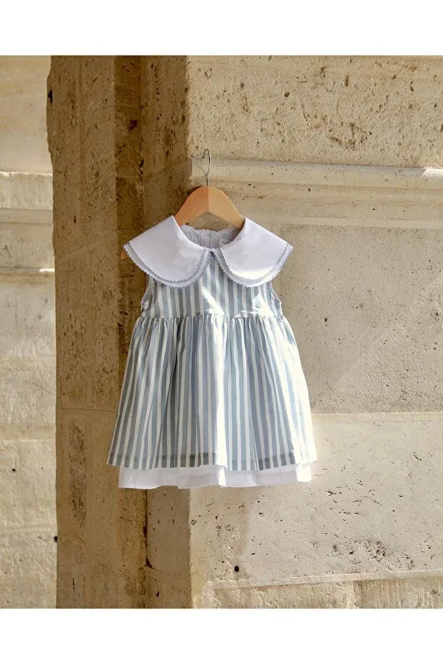 Детское платье для девочек с принтом Léonie blue striped double layer collar dress Perlounie, Blue White — фото 3