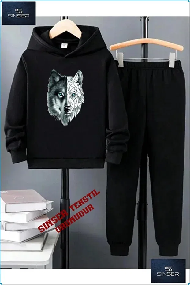 Детский комплект из свитшота и штанов для мальчиков с принтом Grey Wolf Ss Sinser, Black