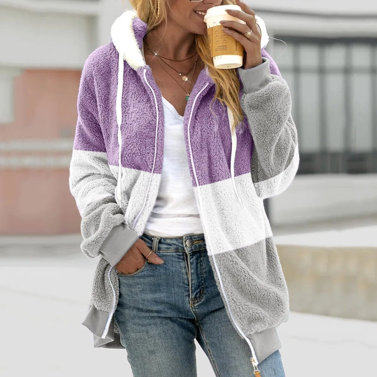 Женская куртка с капюшоном и принтом цвет-блок, модель Full Zip Color Block Teddy Fleece Jacket, Viola — фото 3