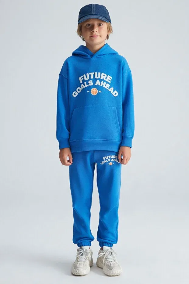 Детский спортивный костюм для мальчиков с принтом Dillion boy's 3-thread raised front printed hooded elastic leg blue tracksuit set Grimelange, Blue