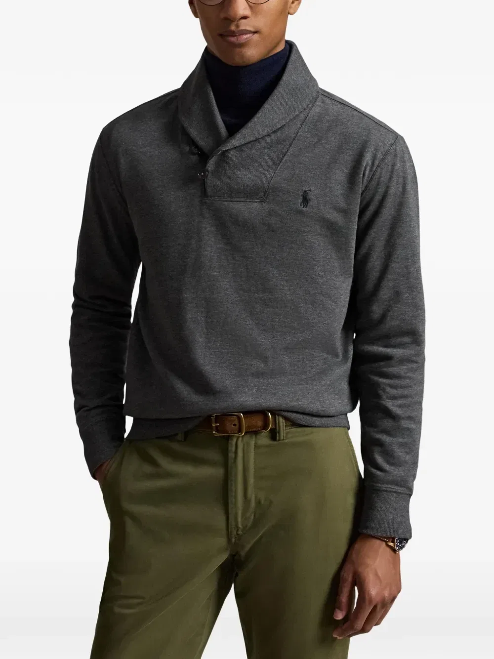 Свитер с воротником-шалькой и вышивкой Pony Polo Ralph Lauren, серый — фото 3