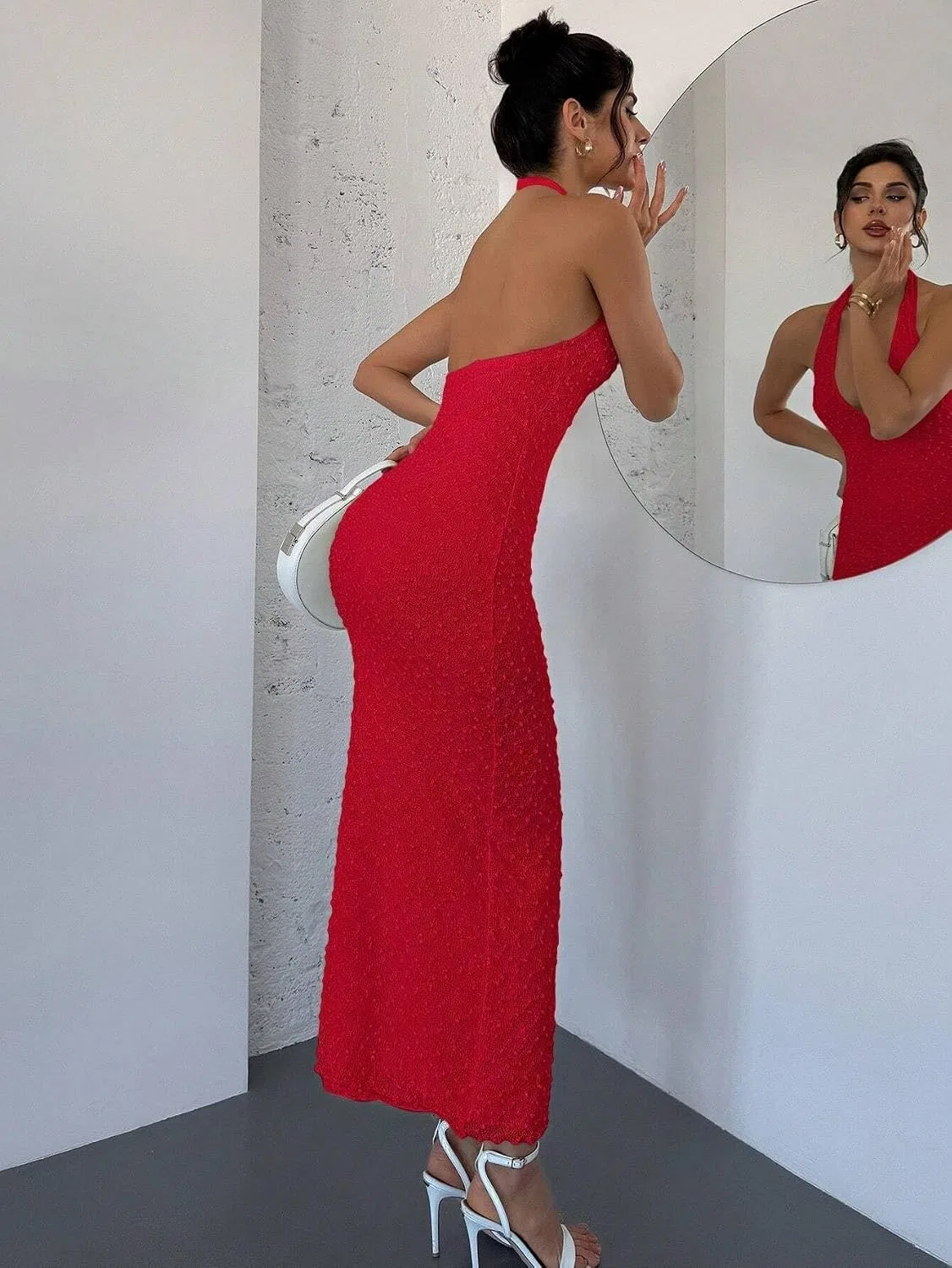 Женское коктейльное платье-макси на тонких бретелях, Red — фото 3