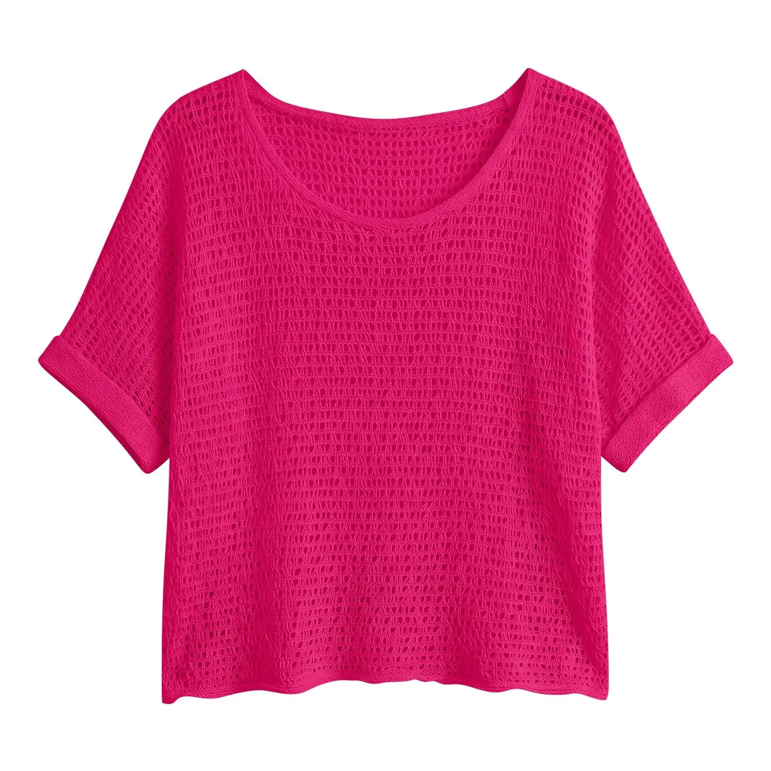 Женское вязаное кружевное укороченное пальто с коротким рукавом, Hot Pink — фото 3