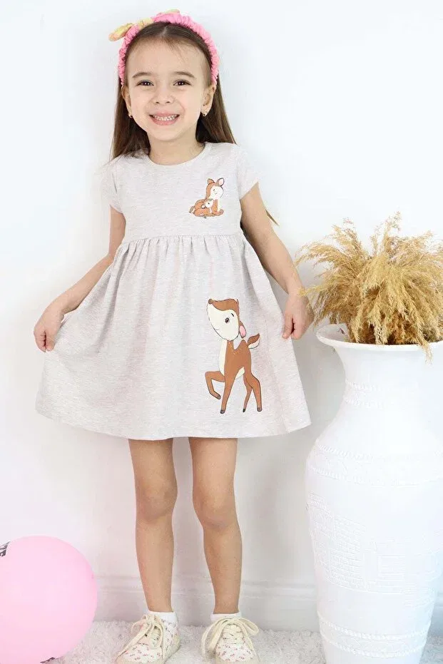 Детское платье с принтом Girl'S Dress Cute Gazelle Printed Breeze, Beige Melange