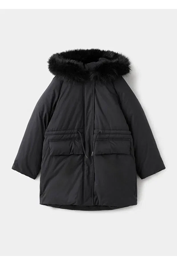 Детское пальто для девочек из искусственного меха с капюшоном Mango Kids, Black — фото 3