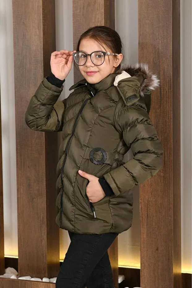 Детское пальто для девочек пуховое с меховым капюшоном Basics Lasgaris Jeans, Khaki — фото 2