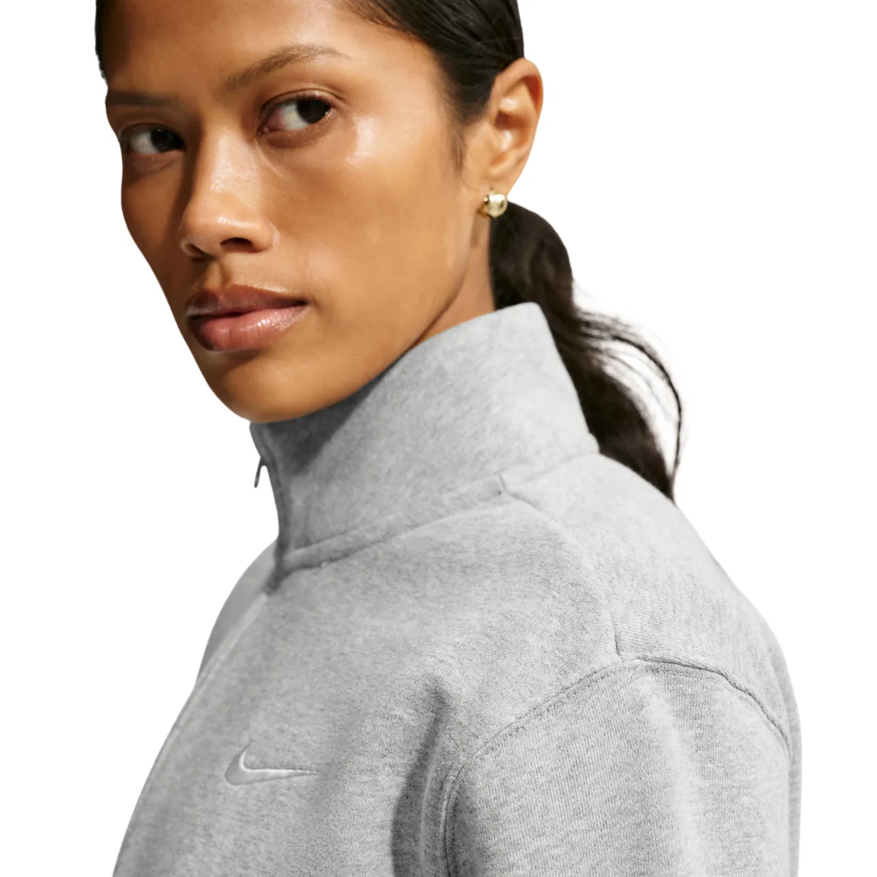 Женский флисовый свитшот на молнии с вышитым логотипом Studio Fleece Midweight Quarter Zip Nike, Dark Grey Heather/Sail — фото 3