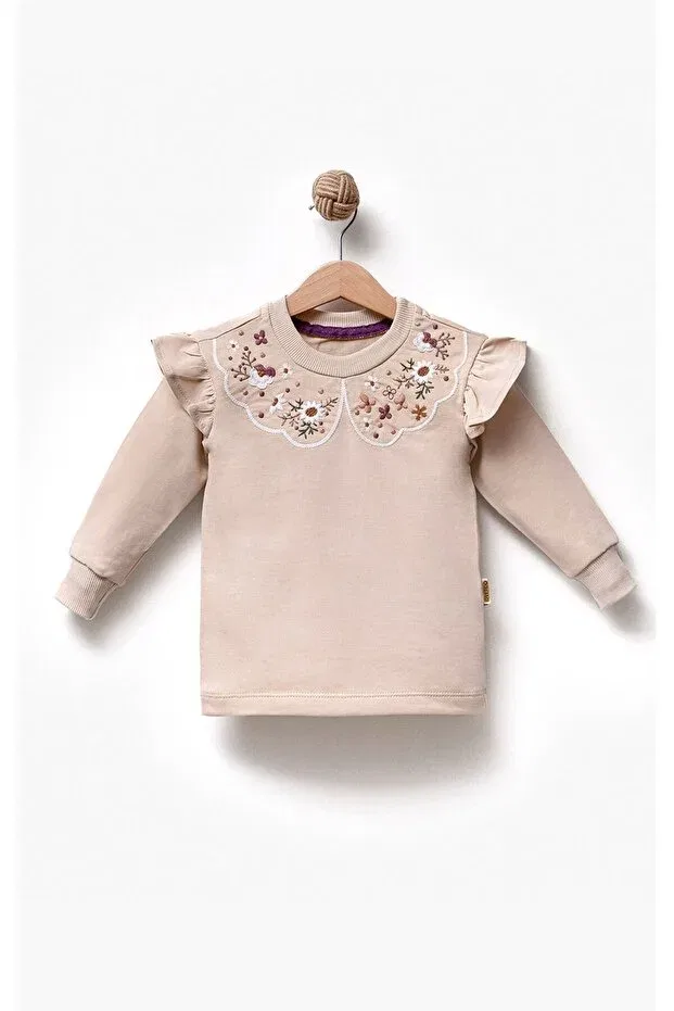 Детские свитшот для девочек с вышивкой Ruffled Collar Floral Embroidered 2 Thread Long Sleeve Overdo, Cream — фото 2