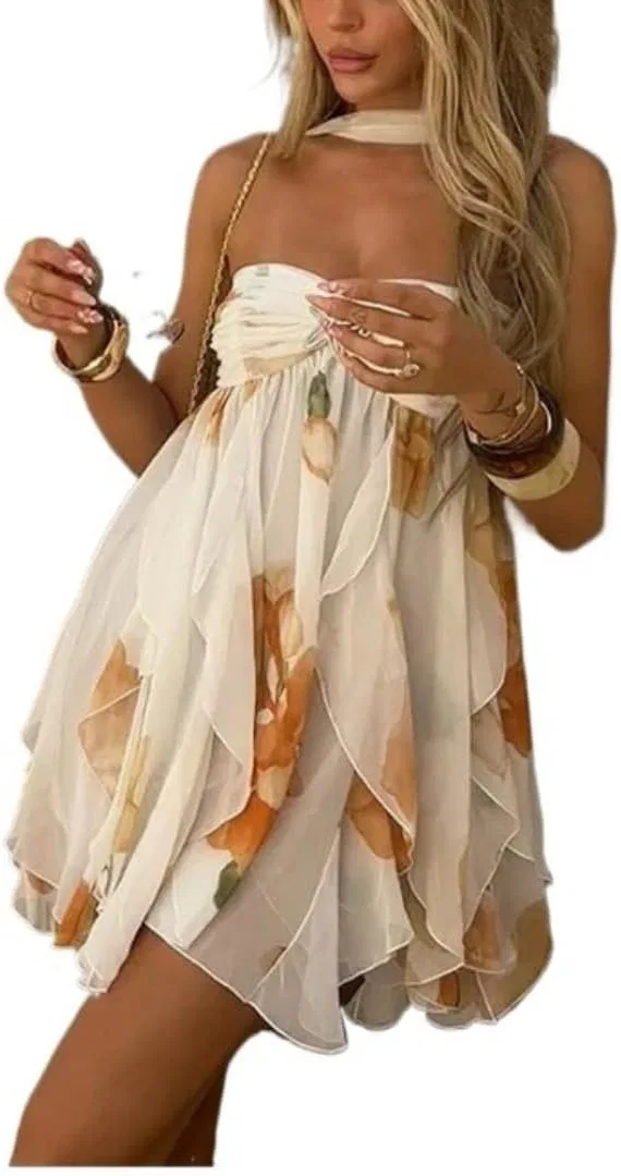 Женское мини-платье с воланами и открытыми плечами, белое
