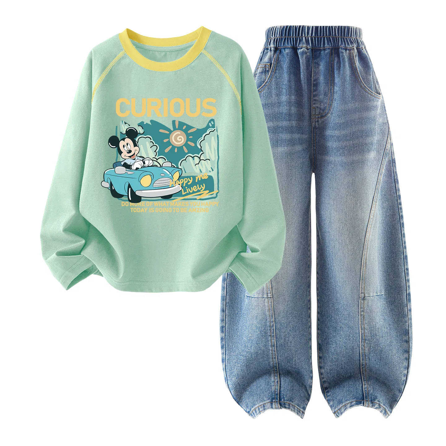 Детский комплект из футболки и шорт Disney, Цвет Butterfly Flower Spring Sprout Green+Solid Color Denim Blue — фото 3