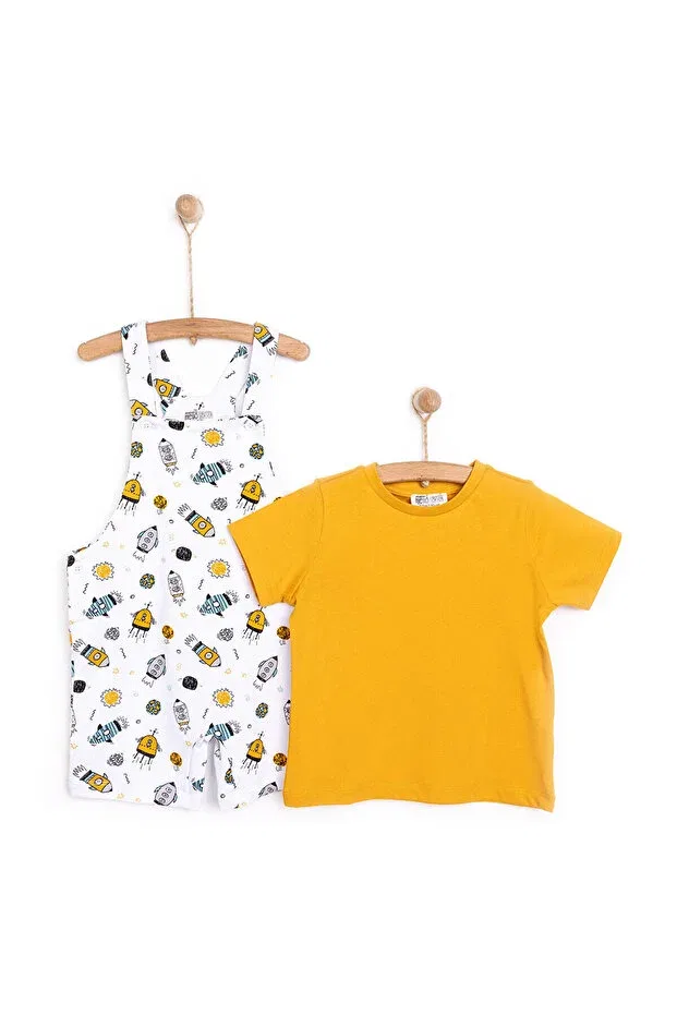 Детский комбинезон с принтом Hellobaby Basic Boys Rocket Pattern Shorts Salopet-Tshirt Baby Boy Ebebek Hello Baby, Hardal — фото 3