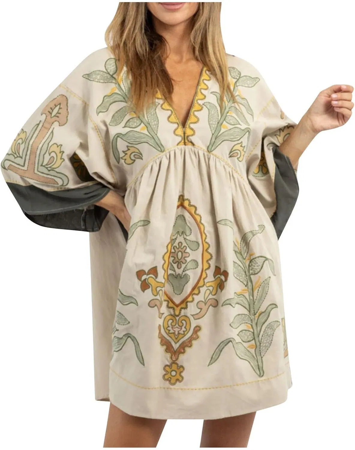 Женское свободное платье с вышивкой V-образным вырезом Dovidovi, Beige