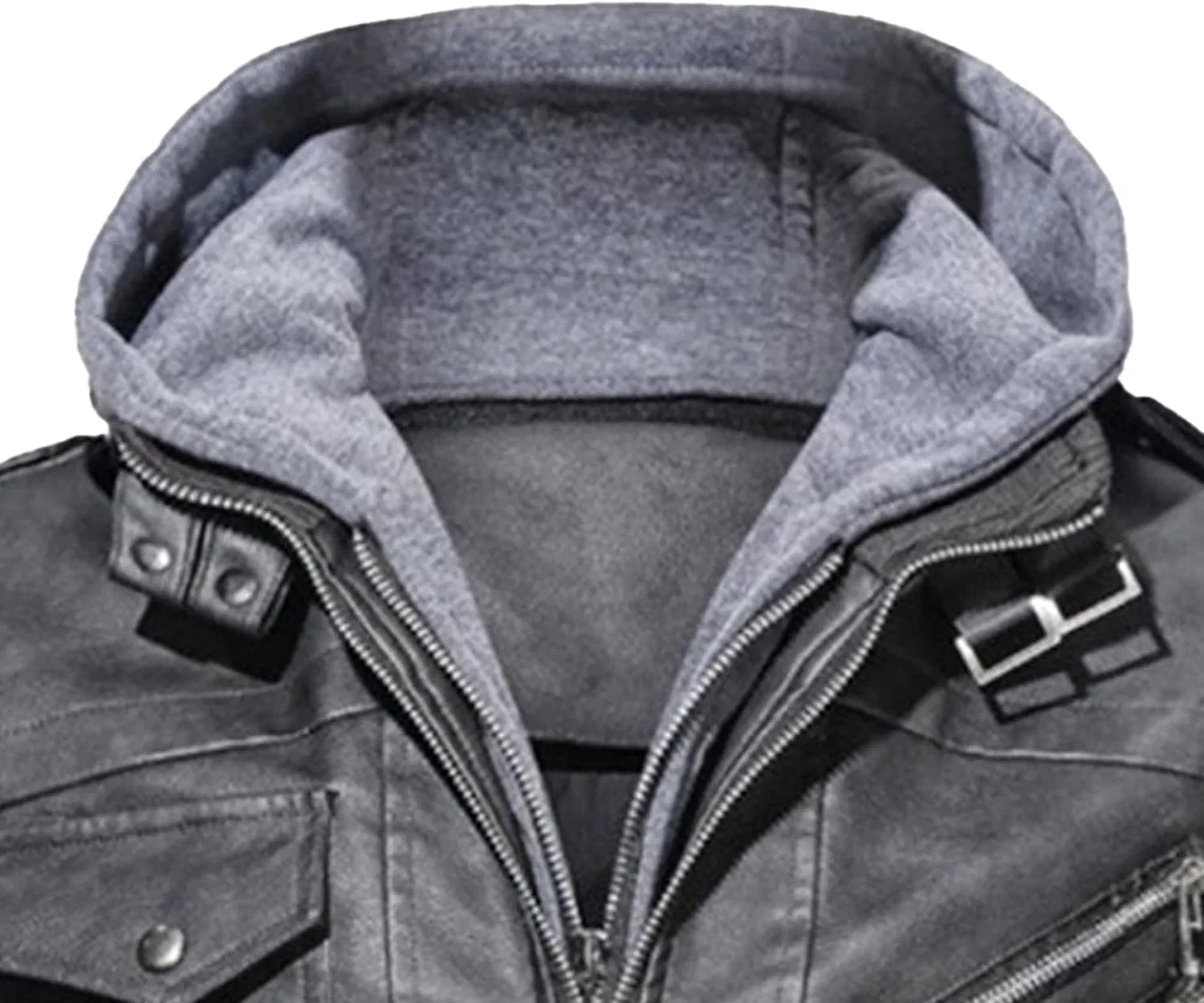 Мужская куртка из экокожи с капюшоном, модель Motorcycle Bomber, с асимметричной молнией, серый — фото 2