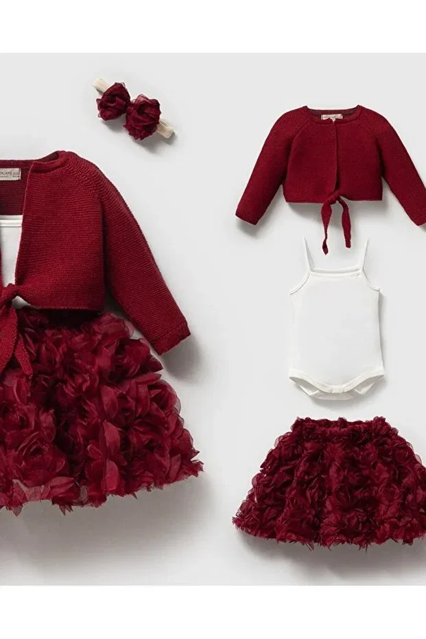 Детский комплект для девочек вязаный с принтом Rosalinda knit cardigan with rose skirt 4-piece organic baby girl set Mert Baby, Burgundy — фото 2