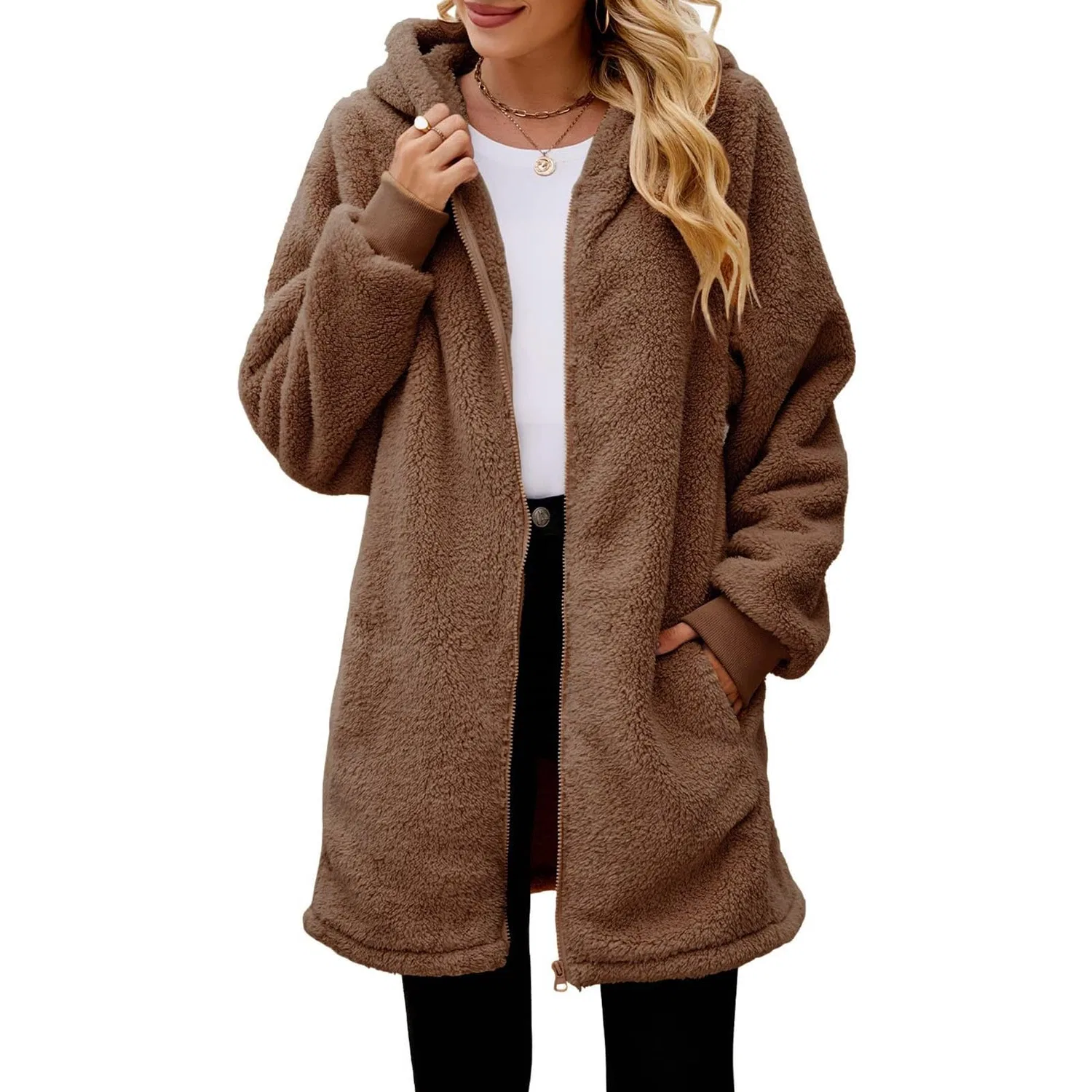 Женское пальто с карманами на молнии, модель Cappotto donna, бренд, Cachi — фото 3