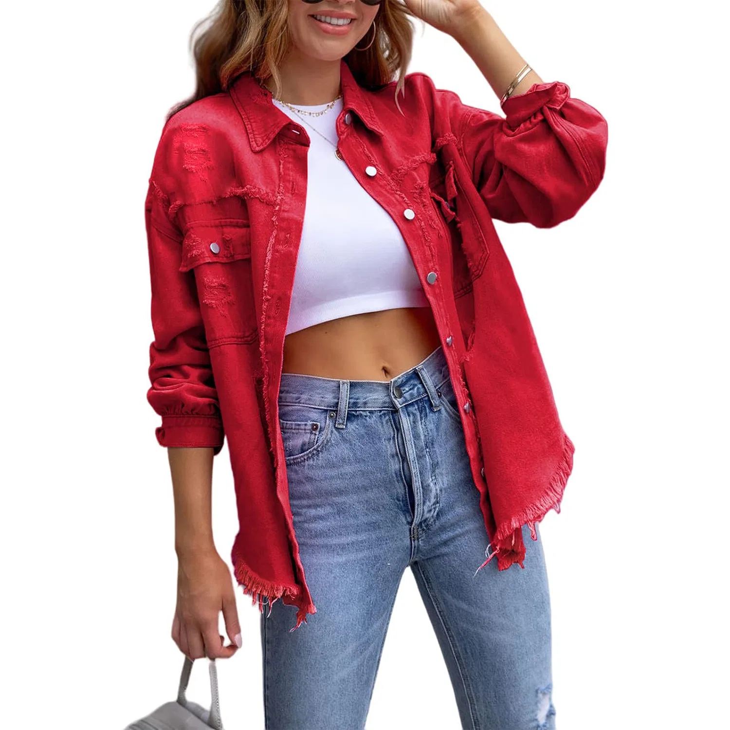 Женское джинсовое пальто с бахромой Boyfriend, Rosso
