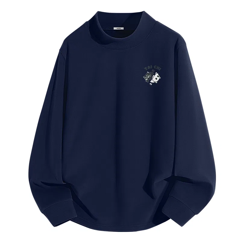 Детская футболка с половинной водолазкой утепленная на флисе MINISO, Navy Blue (Tai Chi Cat Chest Logo)