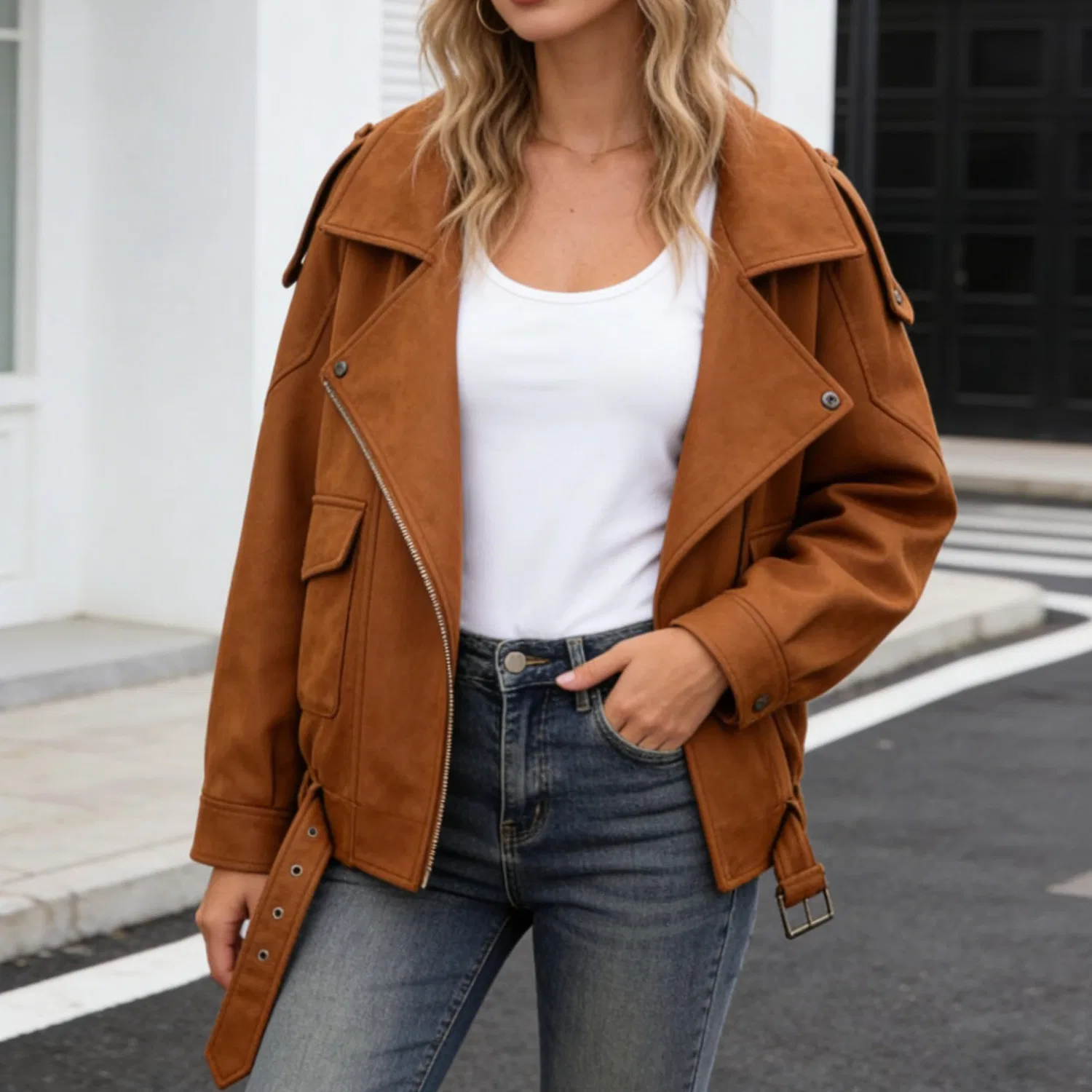 Женская куртка-косуха из искусственной замши с поясом, Red-Brown — фото 4