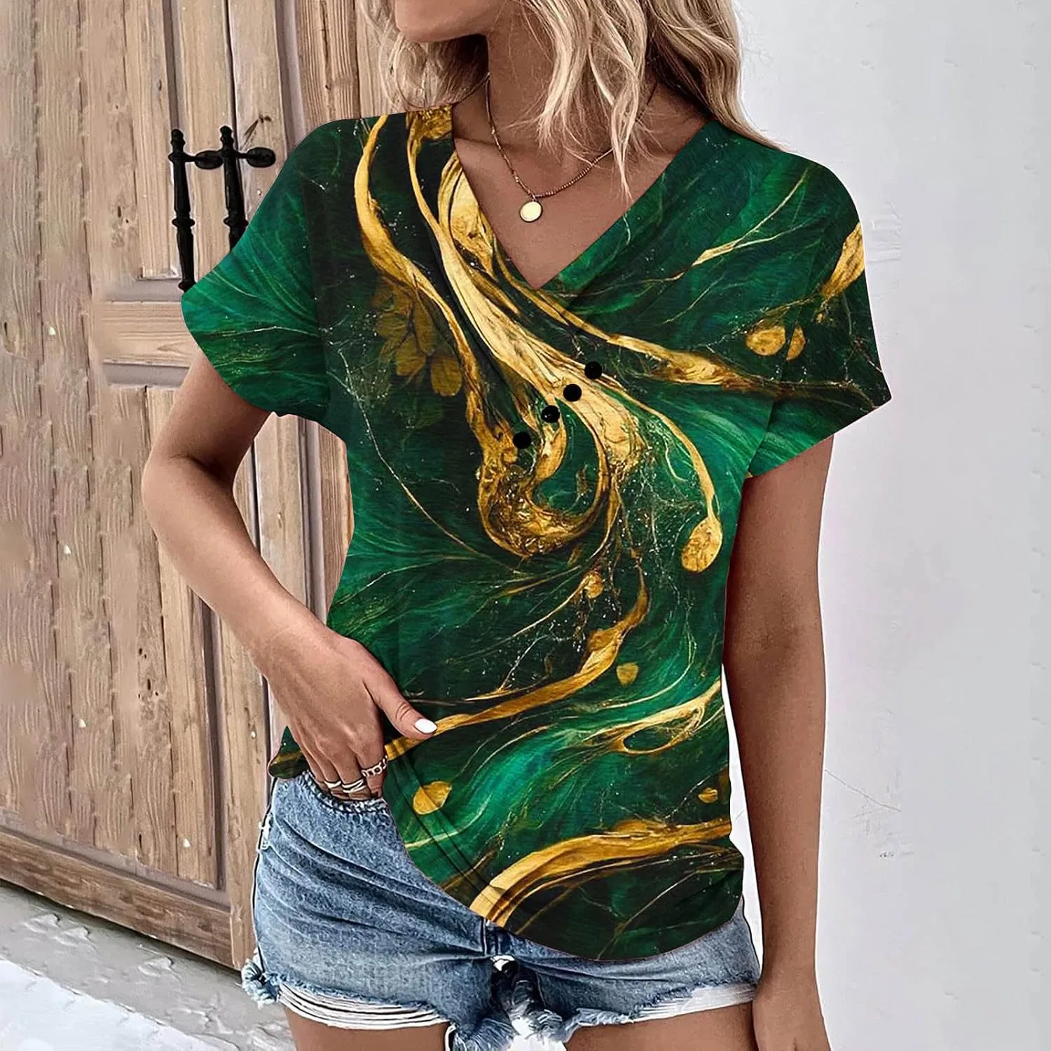 Женская футболка с V-вырезом и пуговицами 2025 Summer, Green — фото 2
