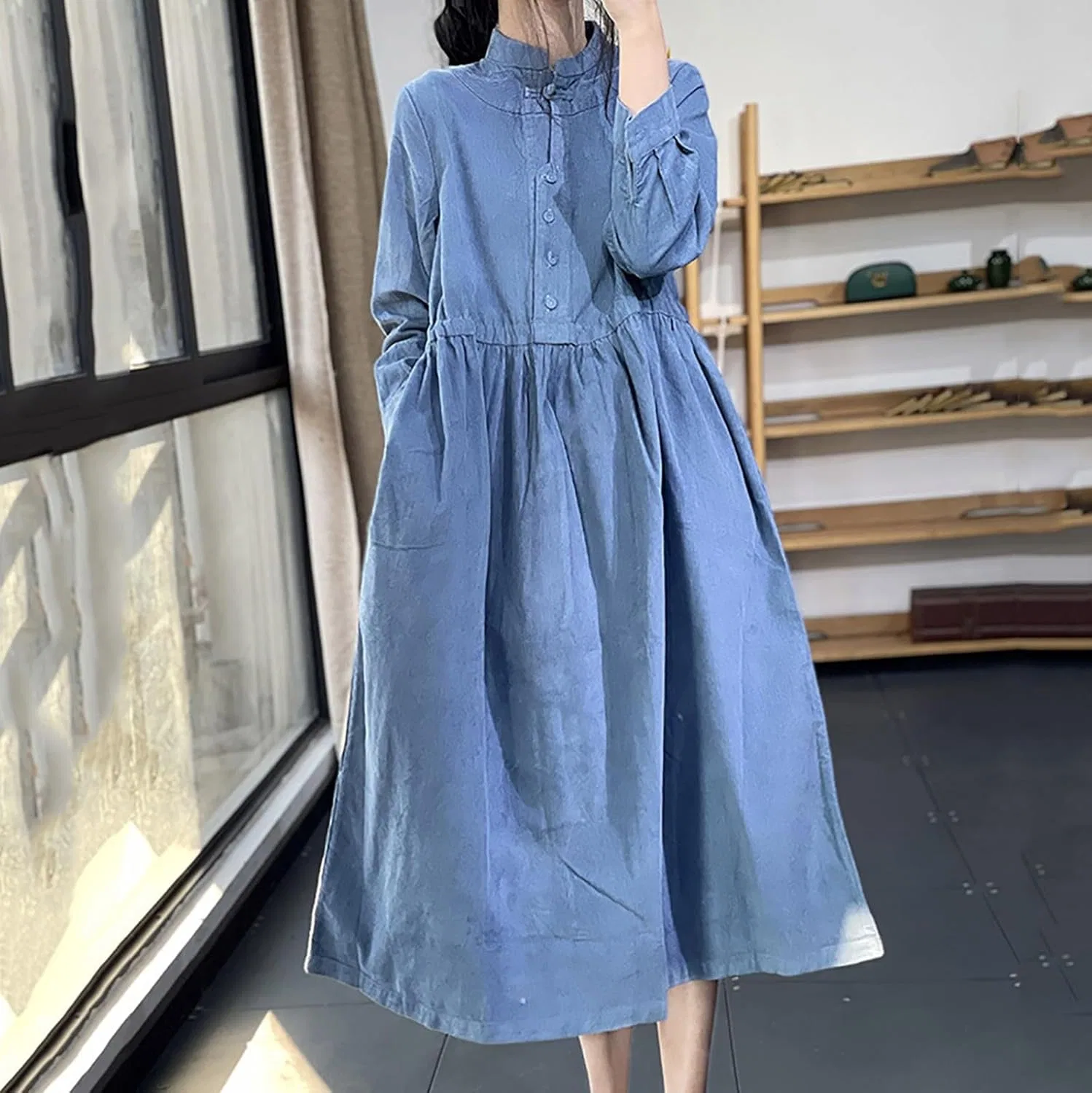 Женское свободное платье миди с пуговицами, Blue — фото 2