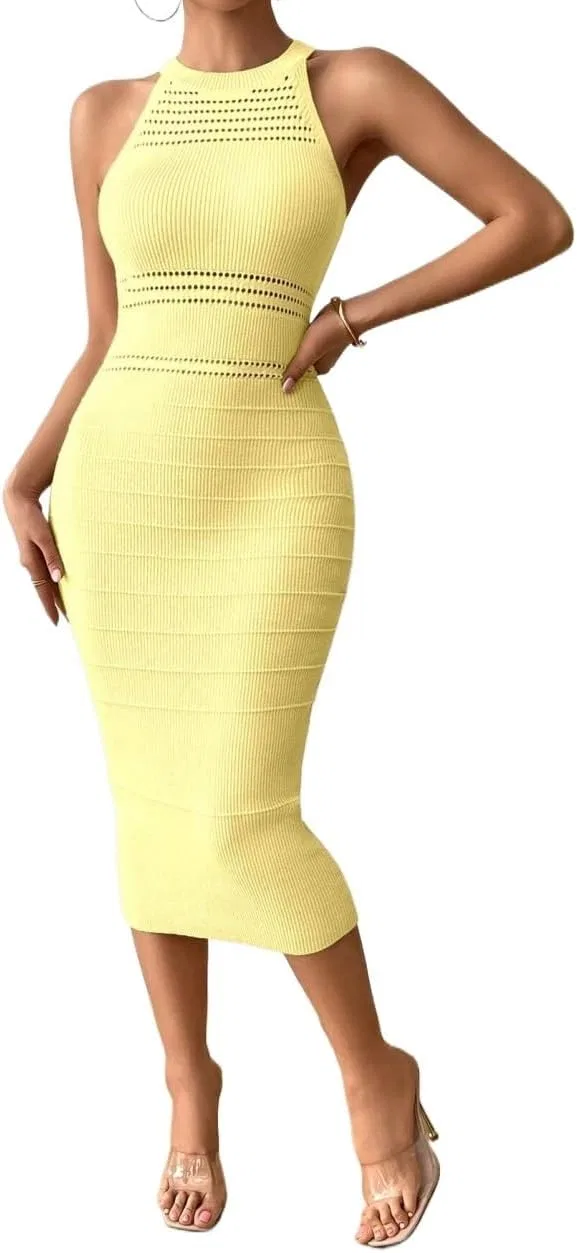 Женское трикотажное миди-платье без рукавов Rib-Knit, Yellow