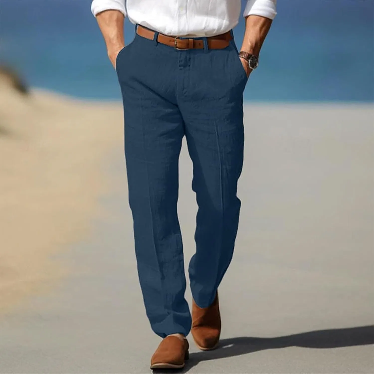 Мужские брюки из хлопка и льна A213, тёмно-синий — фото 3