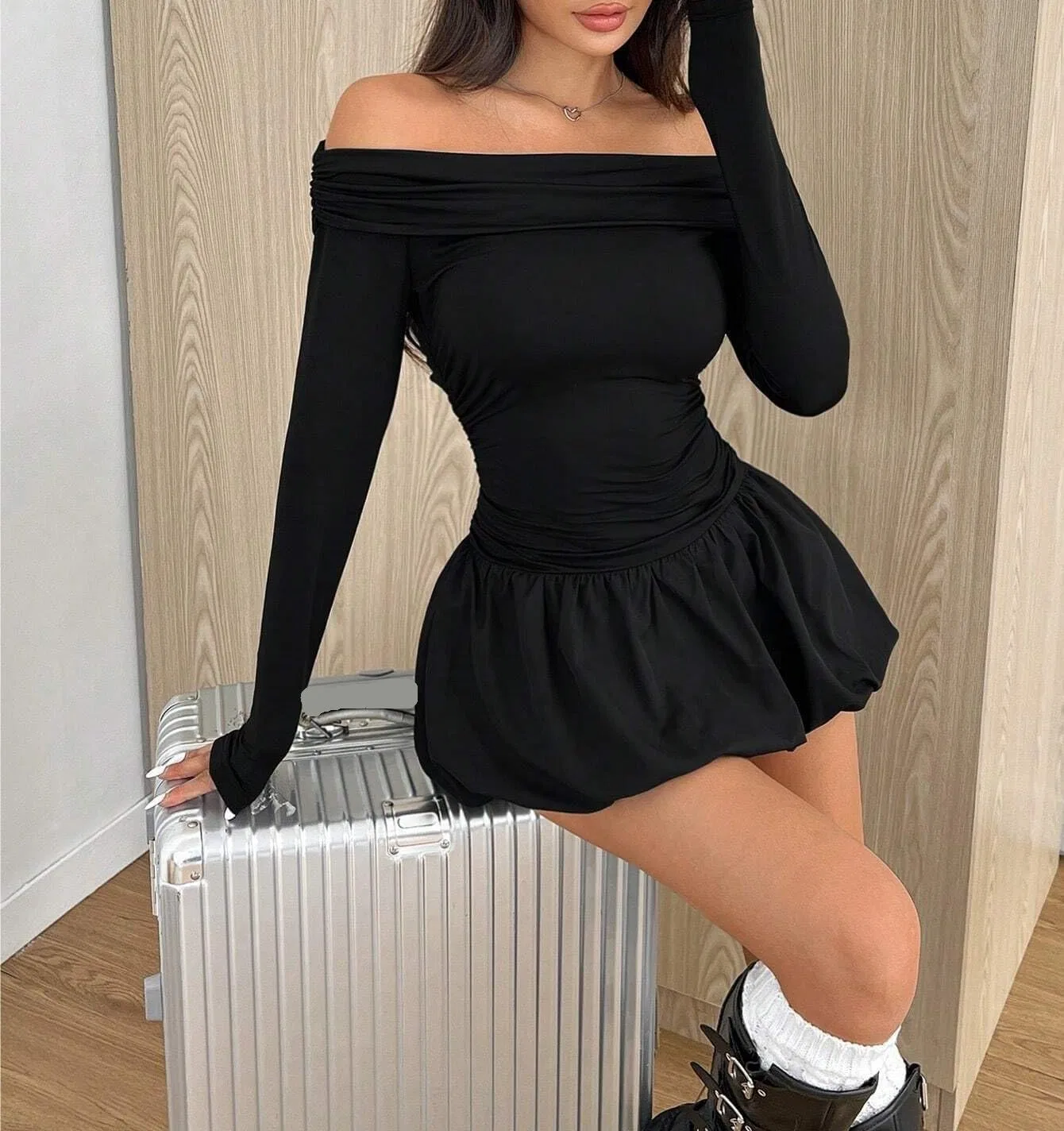 Женское мини-платье с воланами A-силуэта, Black — фото 3