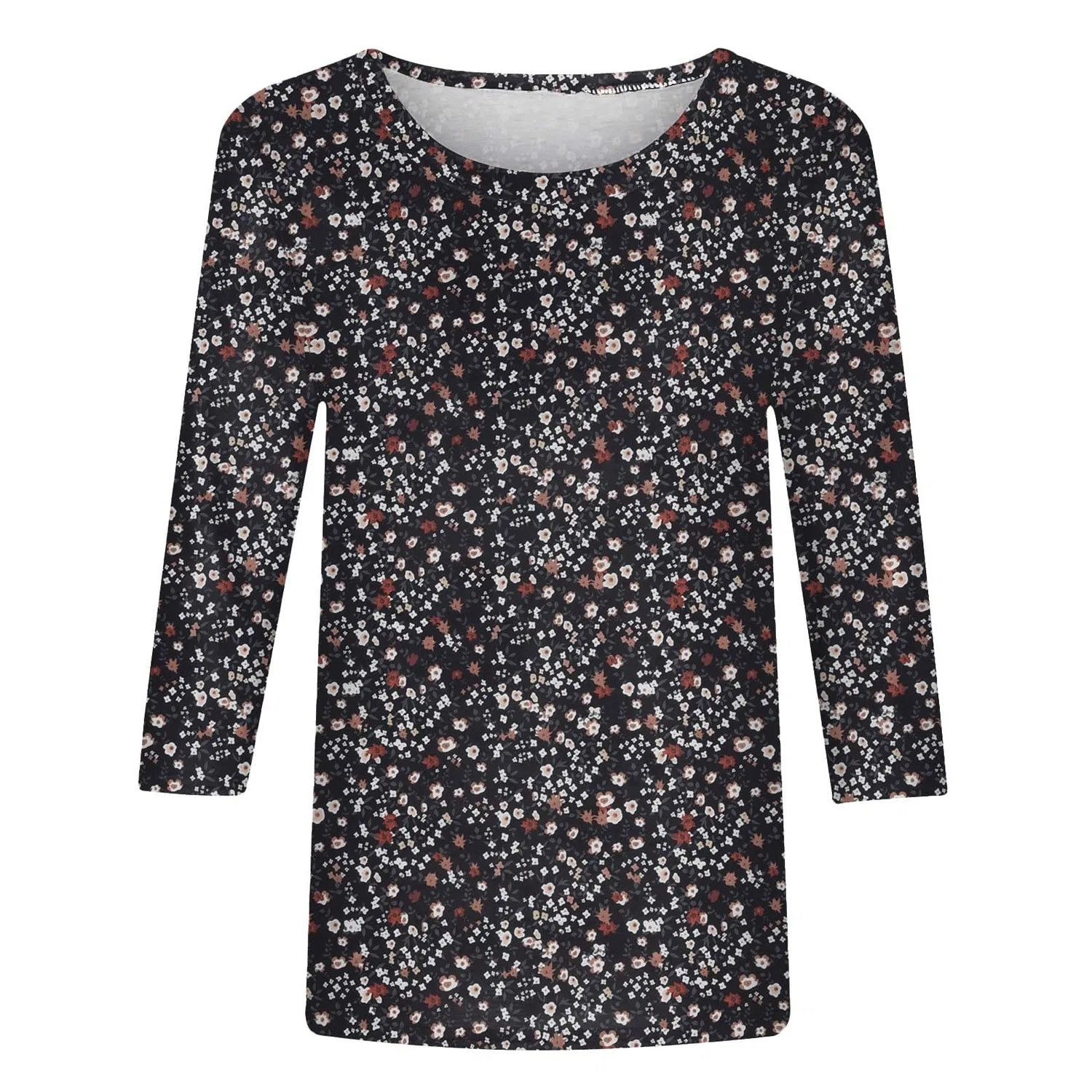 Женская блуза с принтом Plus Size T-Shirts 3/4 Sleeves T-Shirts Summer Round Neck Floral Print Casual Loose Blouses Fashion Thermal Neck, Black #5 — фото 3