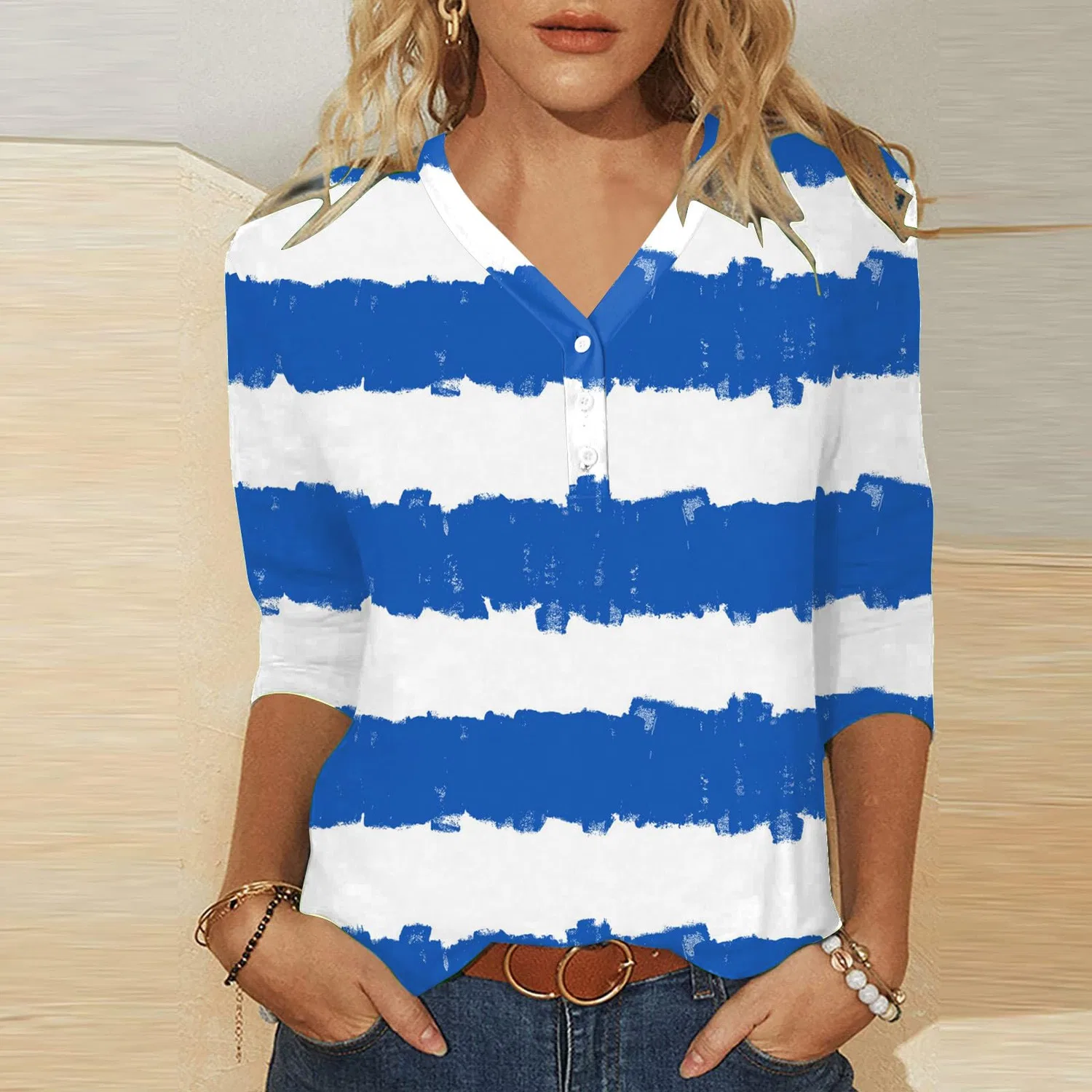 Женская блузка с принтом Plaid Shirt 3/4 Sleeves, A-blue — фото 3