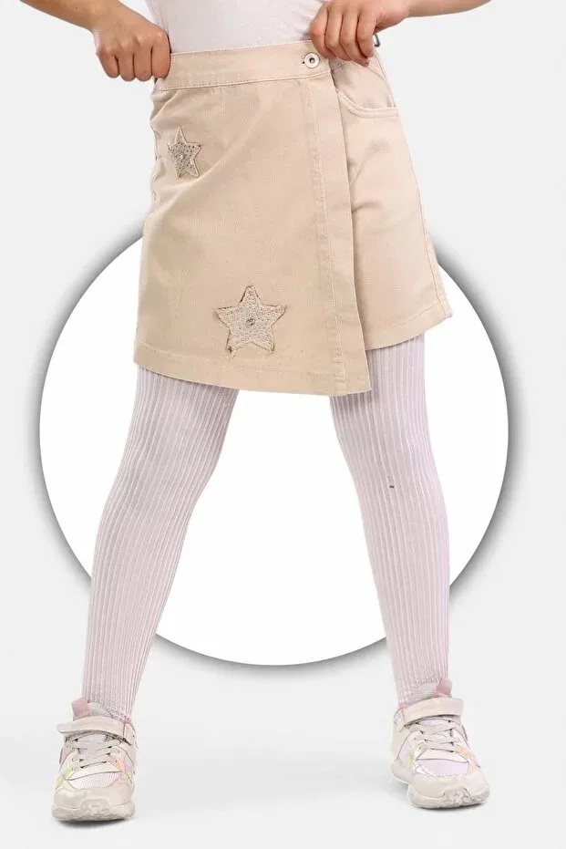 Детские шорты для девочек хлопковые Cotton star embroidered stone sışı - half elastic 100% - girl's skirt shorts Modiclas, Beige