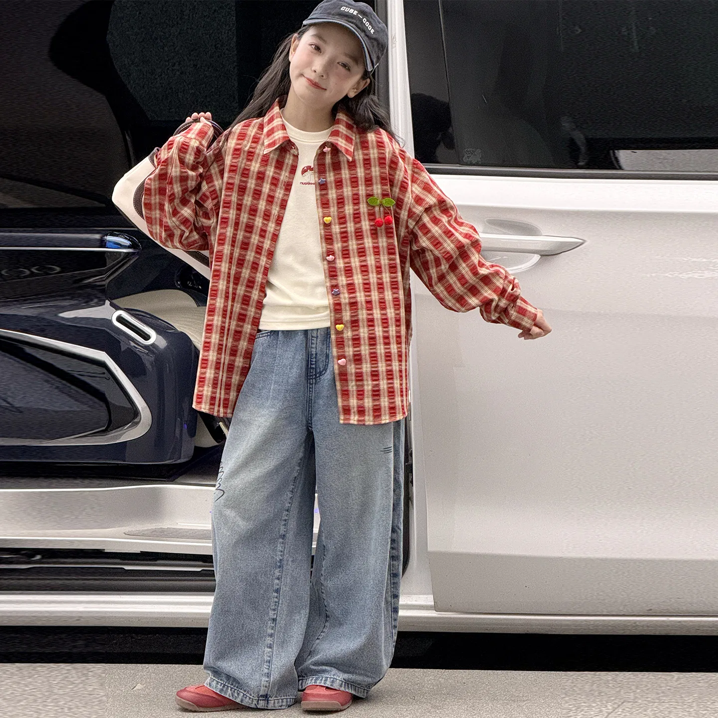 Детский комплект из рубашки и брюк с принтом Plaid Cherry Shirt+Dad Pants, MADALLO, Plaid Cherry Shirt+Dad Pants — фото 4