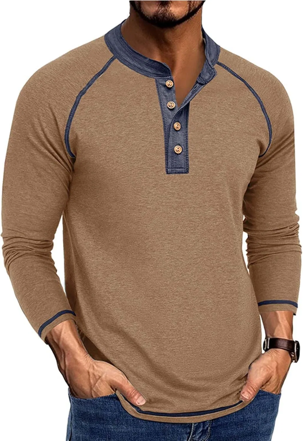 Мужская футболка с длинным рукавом и полукардиганом, Khaki — фото 2
