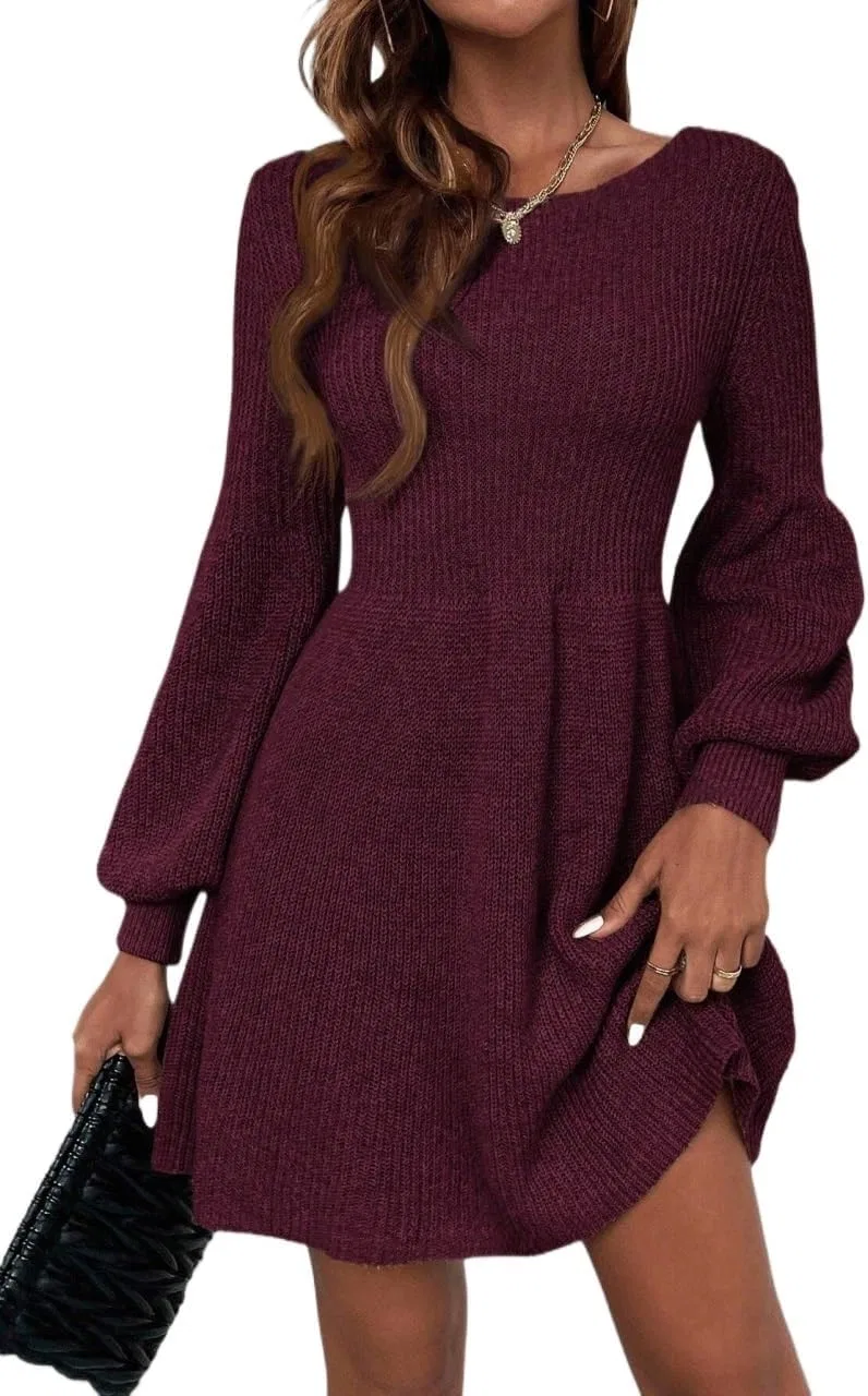 Женское короткое вязаное платье с круглым вырезом, Red Violet