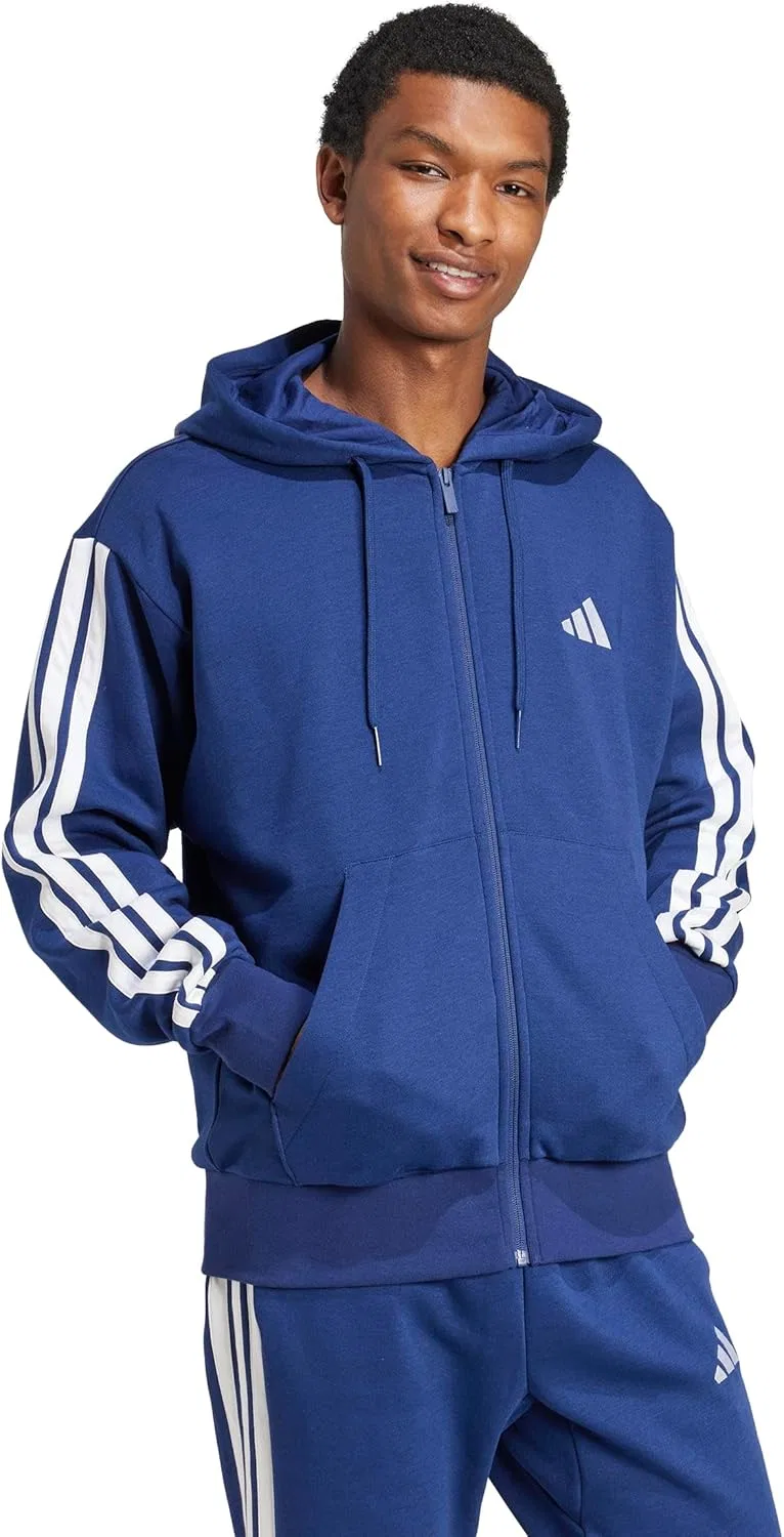 Толстовка Adidas Essentials с капюшоном на молнии и полосками, темно-синий/белый — фото 2