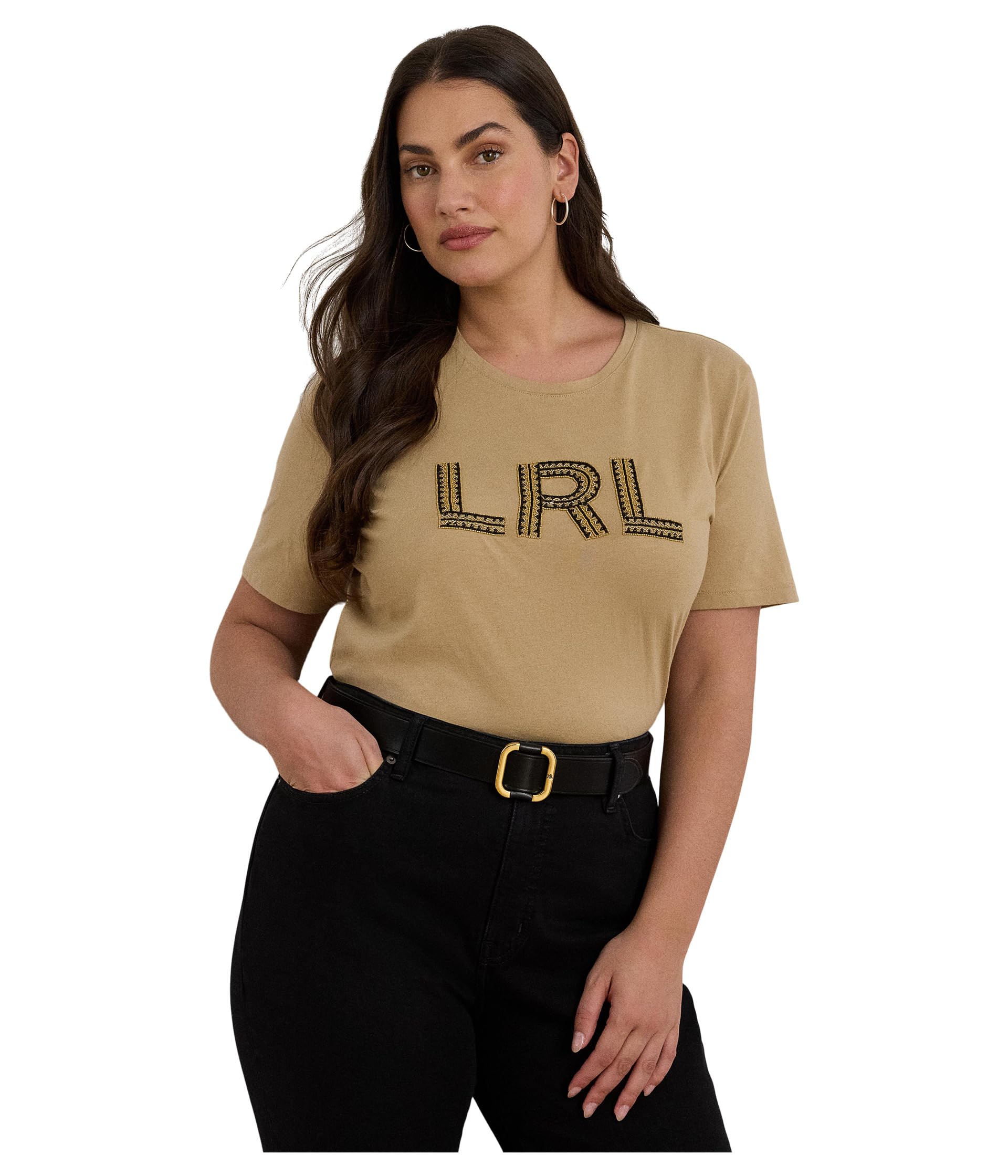 

Футболка Lauren Ralph Lauren Plus Size Beaded-Logo Cotton Jersey Tee, Birch Tan