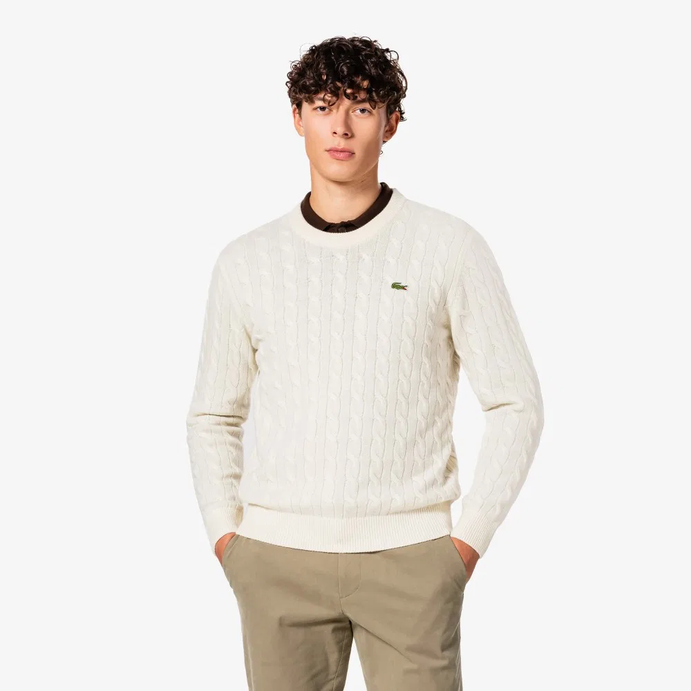 Мужской пуловер с круглым вырезом и косами кремовый от Lacoste — фото 4