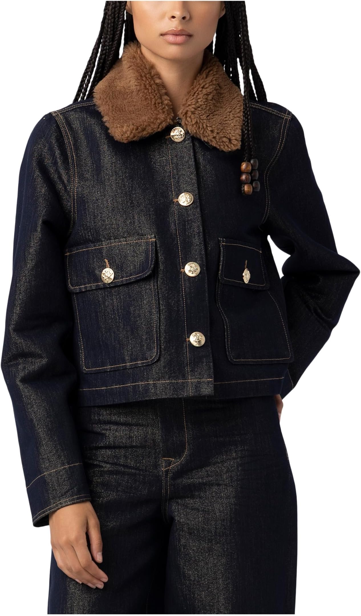 

Женская джинсовая куртка с металлическим отливом и воротником из искусственной шерпы синего цвета Blank NYC, Blue