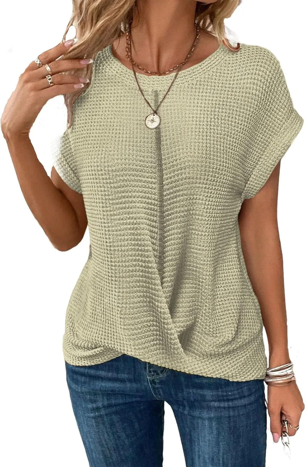 

Женская летняя футболка с крученым передом Casual Crew Neck Cap Sleeve Waffle Knit