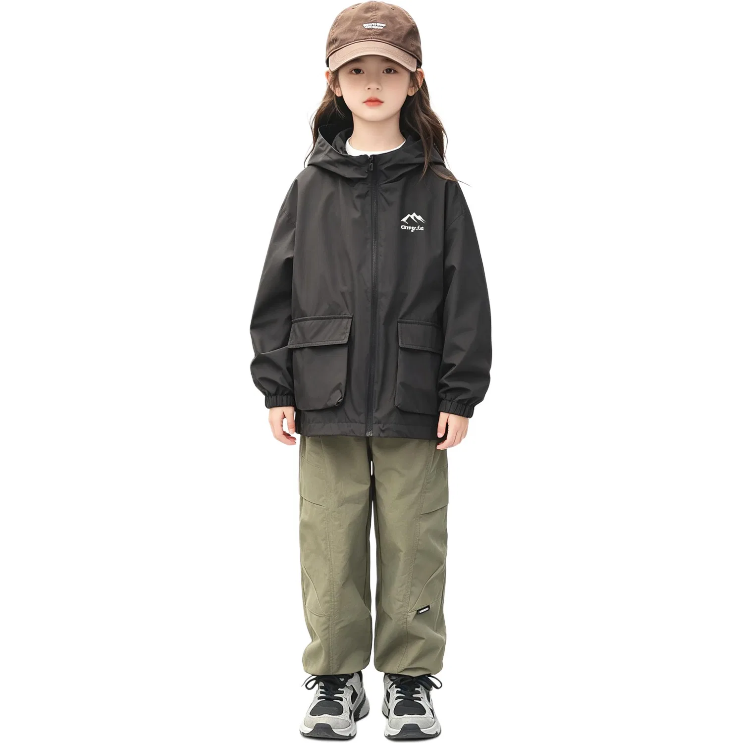 Детский спортивный комплект из куртки-ветровки и брюк карго, MADALLO, Black Windbreaker Jacket+Army Green Cargo Pants