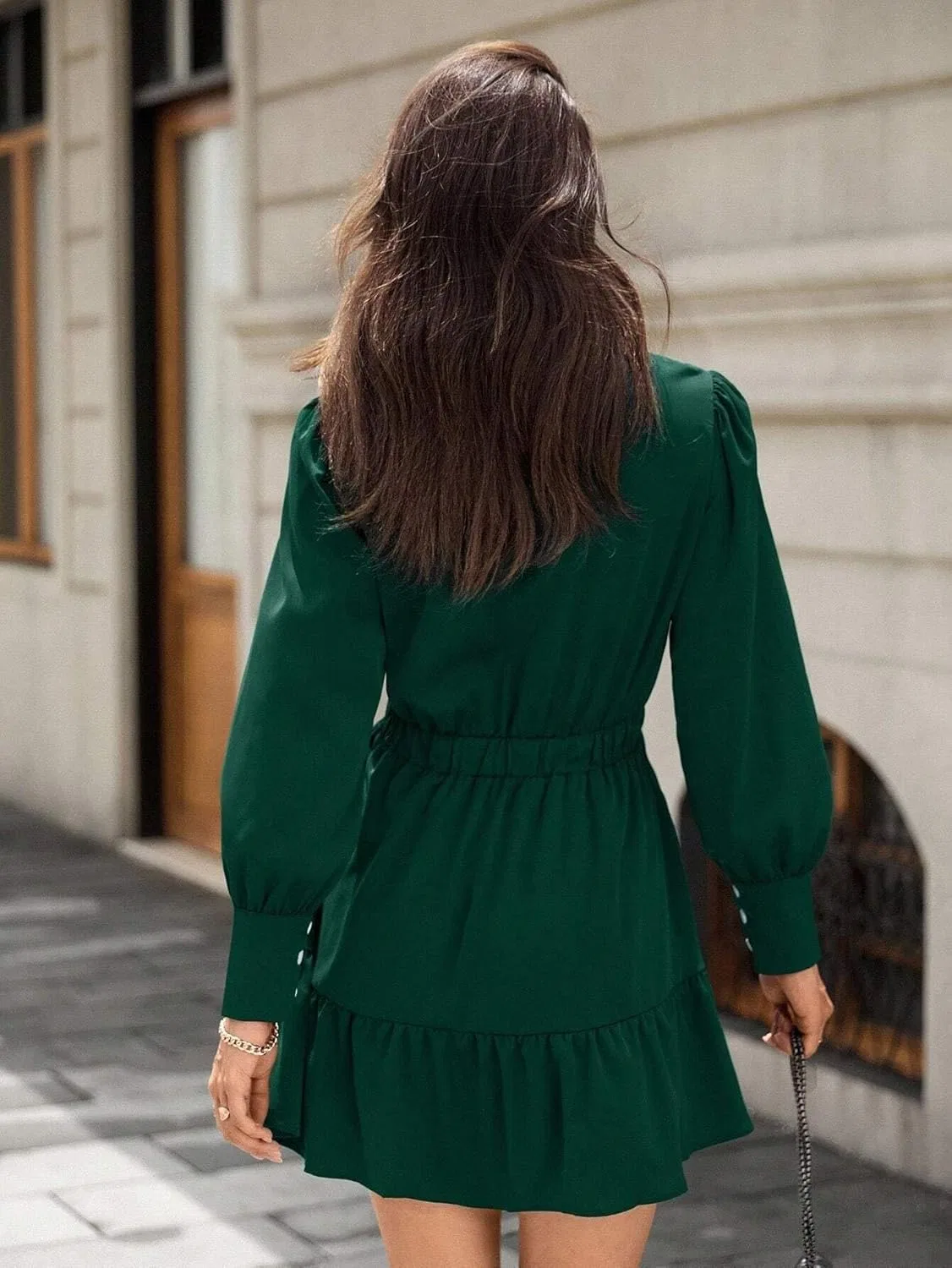 Женское A-силуэта платье с воланами и пуговицами, Dark Green — фото 3