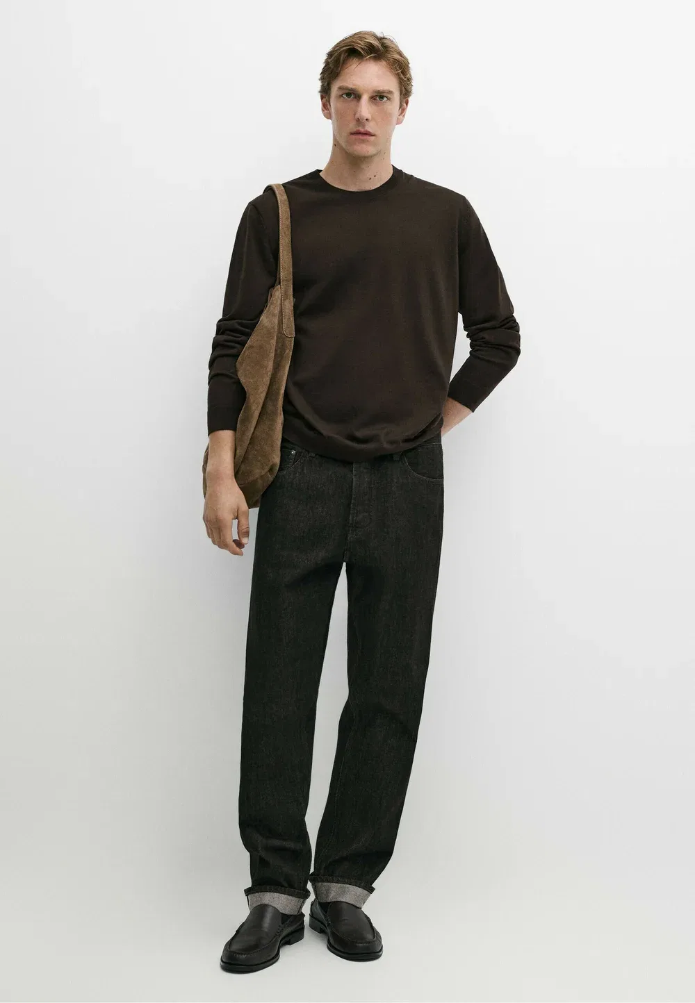 Вязаный свитер с круглым вырезом из 100% мериносовой шерсти Massimo Dutti, Dark Brown — фото 2