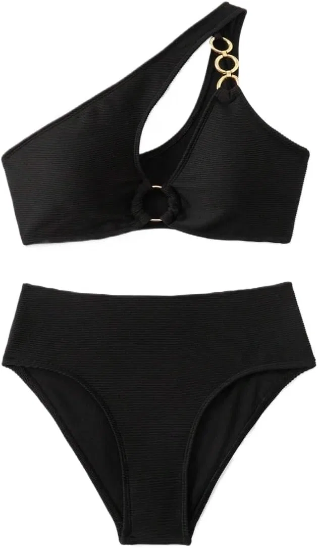 Женский раздельный купальник с высокой талией One Shoulder, Black