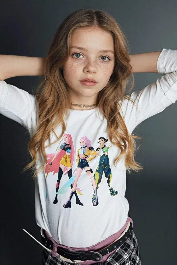 Детская футболка для девочек с принтом Kpop - demon hunters slim fit t-shirt for girls h3838a826sp Defacto, Ecru-Er105 — фото 3