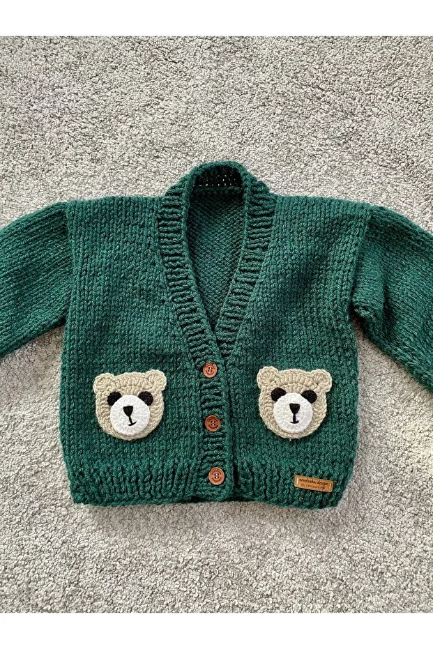 Детский кардиган для мальчиков с принтом Hand knitted cute teddy bear detailed boy's cardigan Nevalin, Green