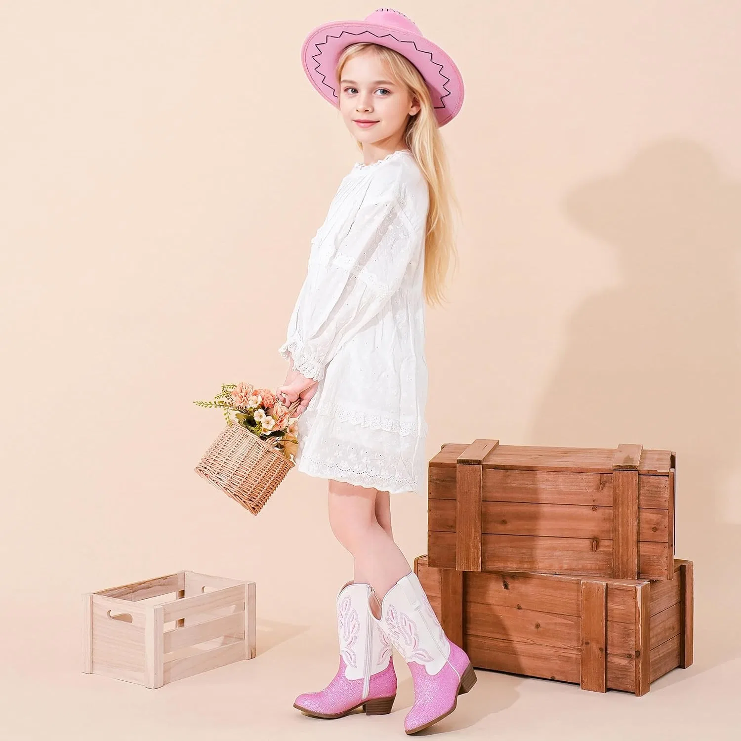 Детские сапоги для девочек с вышивкой Cowgirl Boots LAURMOSA, Pink White — фото 3
