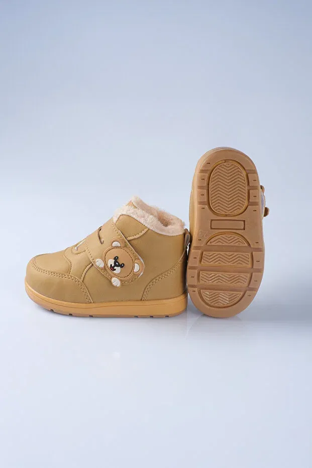 Детские ботинки для девочек с мехом Teddy bear detailed furry unisex children's baby boots cat Bebek Sepeti, Желтый — фото 4