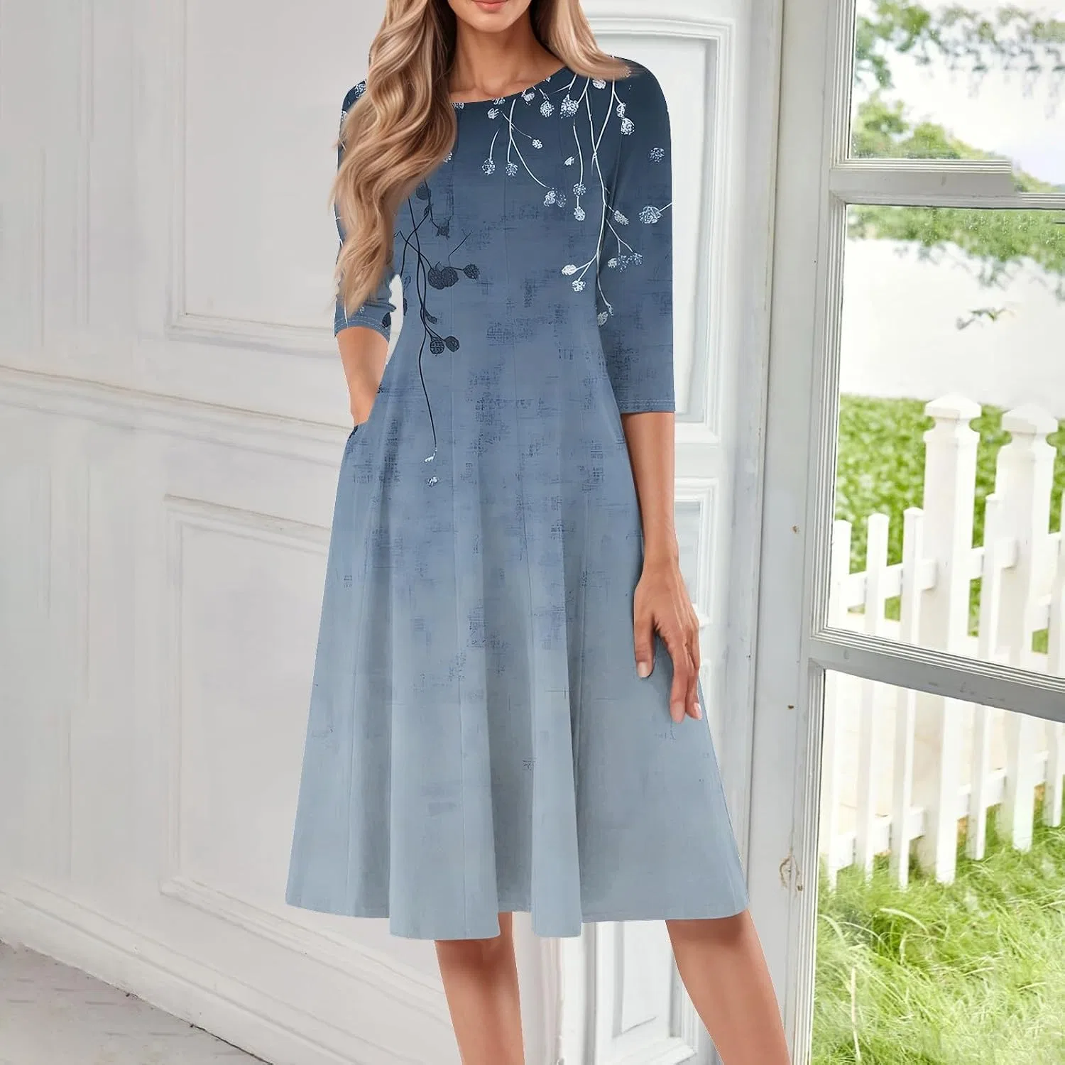 Женское платье-миди A-силуэта с 3/4 рукавом и карманами, Royal Blue — фото 2